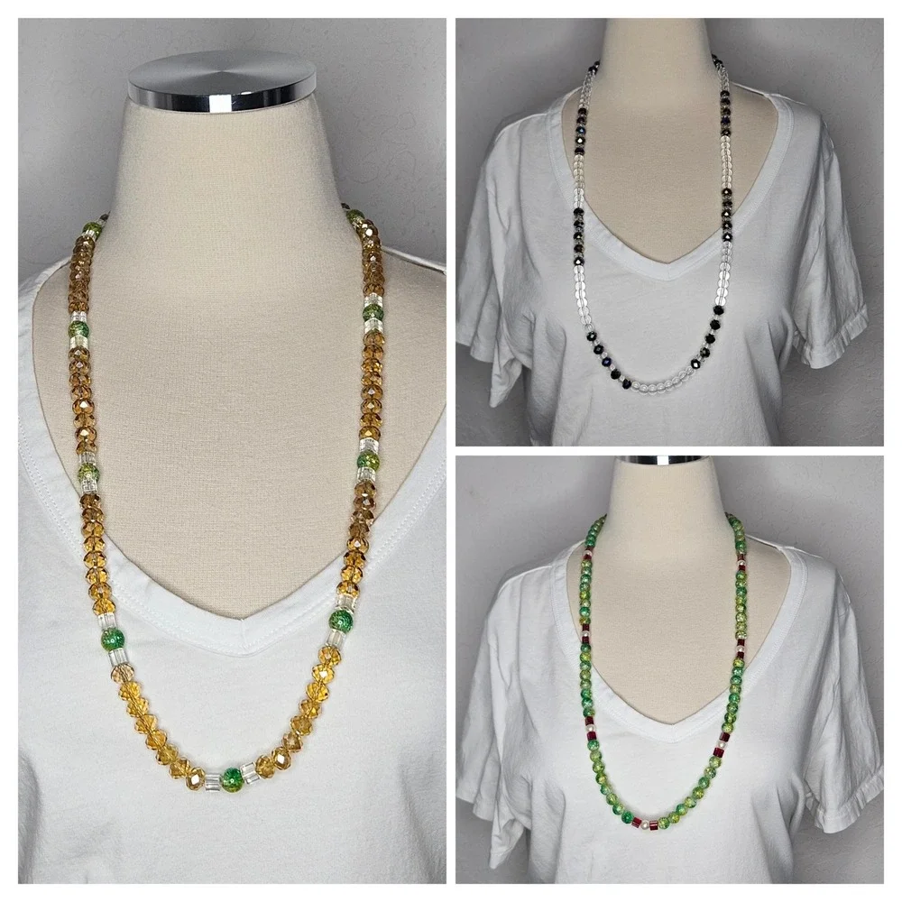 Lot‎ Of 3 Beaded Necklaces Glass Crystal Beads Green Clear Iridescent Layering